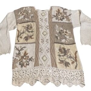 Vintage Floral Patchwork Crochet Trim Knit Sweater Women's Large Cottage Grandma